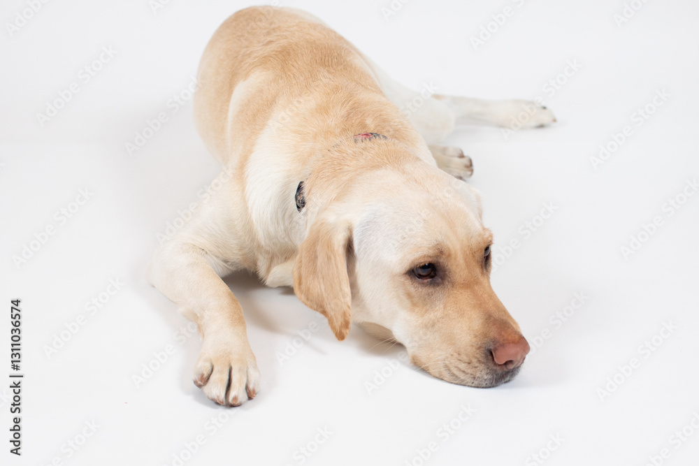 Yellow labrador puppy laying on white background. Yellow labrador puppy laying on white background.