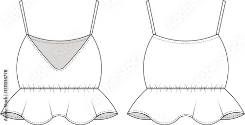 sleeveless strapped strappy spaghetti straps frilled frilly ruffle cropped crop peplum blouse top  template technical drawing flat sketch cad mockup fashion woman design style model 
