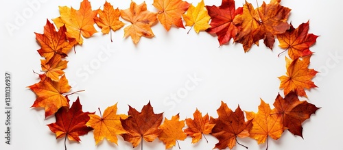 Autumn maple leaves arranged in an oval shape on a white background with vibrant red and orange hues creating a natural frame for copy space.