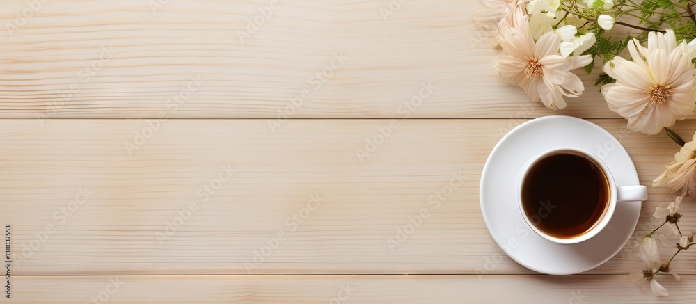 Elegant office desktop overhead view showcasing a notebook, black coffee cup, and pink flowers on a light wooden surface with ample copy space. Elegant office desktop overhead view showcasing a notebook, black coffee cup, and pink flowers on a light wooden surface with ample copy space.
