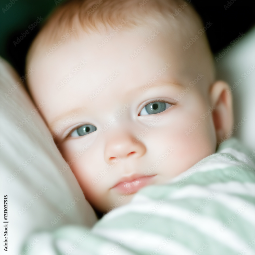 Close-up portrait of baby with bright eyes against soft white bedding. Intimate capture of infant innocence and pure expression with gentle natural lighting. Close-up portrait of baby with bright eyes against soft white bedding. Intimate capture of infant innocence and pure expression with gentle natural lighting.