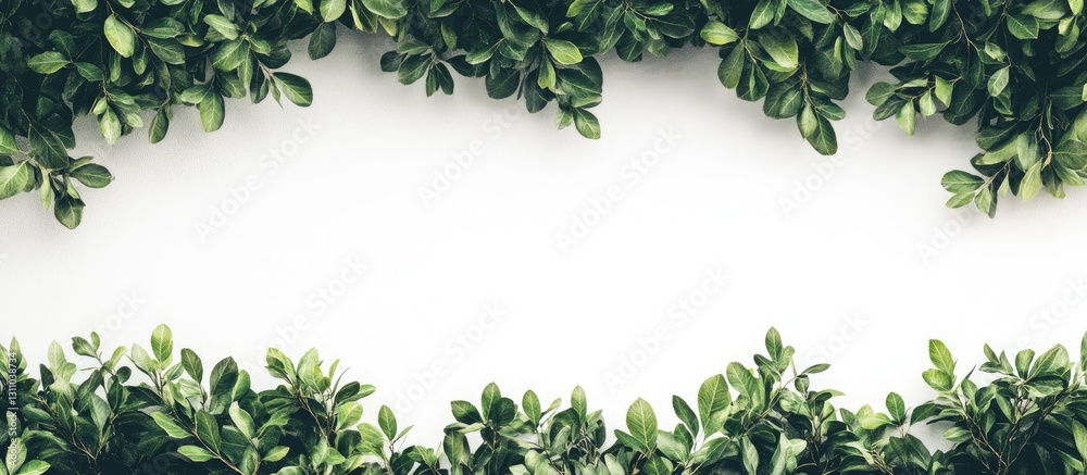 Fototapeta premium Lush green foliage framing a blank white backdrop with vibrant leaves positioned at the top and bottom creating a natural border design.
