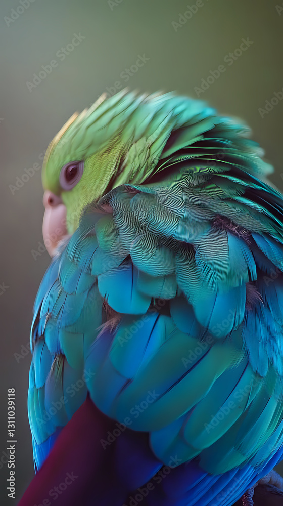 Fototapeta premium Green cheek conure with striking blue flight feathers and maroon tail