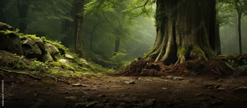 Lush green forest with tall trees on damp soil featuring thick roots in the foreground and sunlight filtering through the leaves. Lush green forest with tall trees on damp soil featuring thick roots in the foreground and sunlight filtering through the leaves.