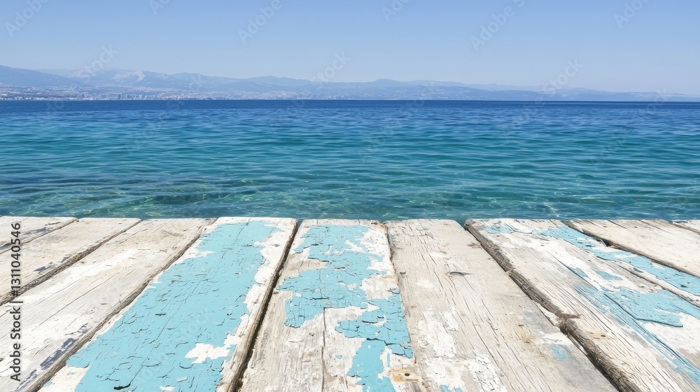 A weathered wooden pier extends into a calm, blue ocean, with a cityscape visible in the distance.