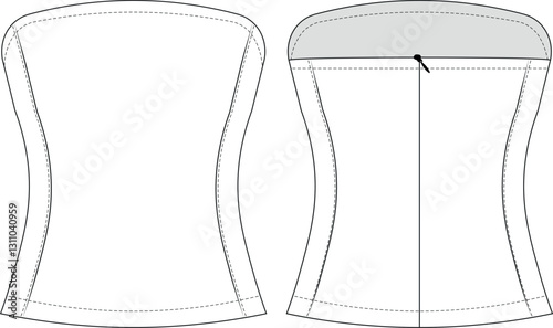 princess darted tailored sleeveless strapless neck zippered bodycon fit blouse top bustier template technical drawing flat sketch cad mockup fashion woman design style model 
