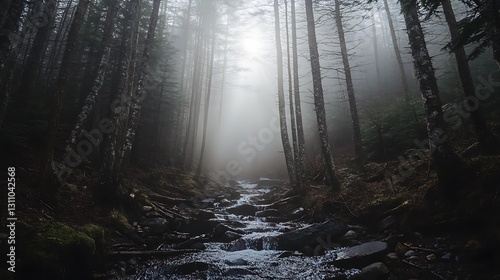 A Forest Scene Featuring a Rocky Stream and Misty Trees
