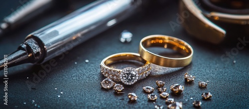 Gold wedding and engagement rings with diamonds showcased on a black background, surrounded by scattered precious stones and engraving tools. photo