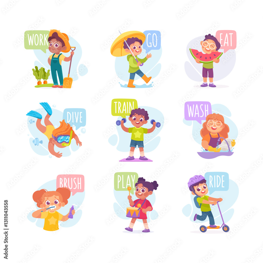 Verbs Study with Little Kid Demonstrating Different Activity Vocabulary Vector Set Verbs Study with Little Kid Demonstrating Different Activity Vocabulary Vector Set