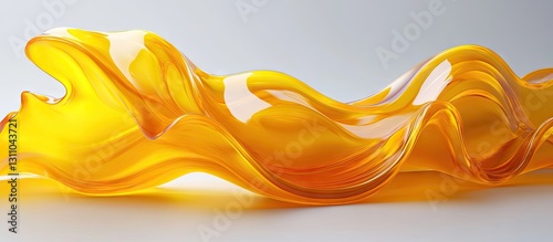 Transparent wavy TPU material in vibrant yellow shades flowing gracefully across a light gray background showcasing its flexibility and fluidity