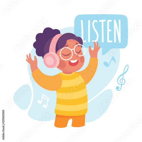 Girl Listen to Music as Verb Study with Little Kid Demonstrating Activity Vocabulary Vector Illustration