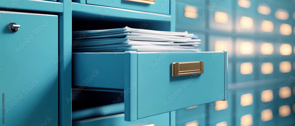 Office filing cabinet drawer overflowing with documents in a sleek gray and turquoise environment Office filing cabinet drawer overflowing with documents in a sleek gray and turquoise environment