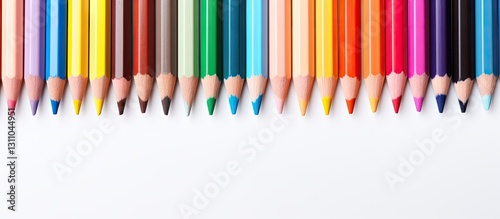 Vibrant colored pencils arranged neatly on a clean white background providing ample copy space with alignment from left to right featuring multiple colors