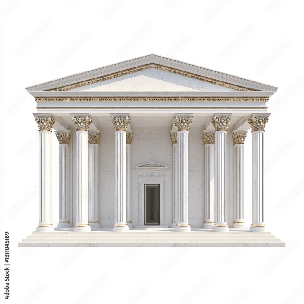 Obraz premium Majestic Ancient Greek Temple with Intricate Carvings in Sticker Style on White Background with Gold Accents - Photorealistic Illustration