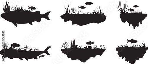 Silhouettes of Floating Fish Island with Trees and Coral Fantasy or Eco-Themed Art