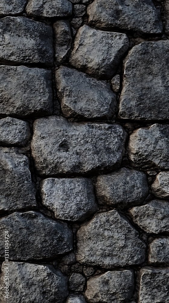 A textured stone wall composed of various dark stones arranged tightly together. A textured stone wall composed of various dark stones arranged tightly together.