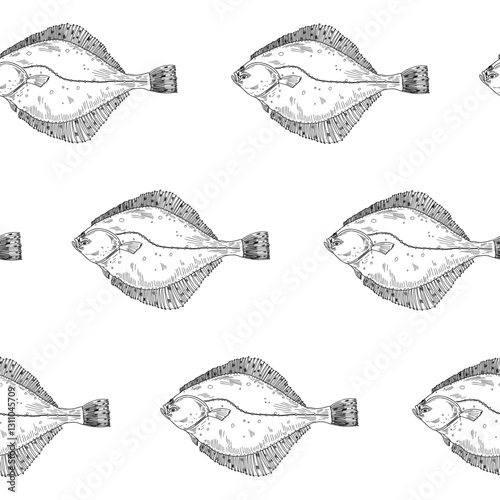 Flounder fish black white vector seamless pattern. Flatfish, halibut engraving sketch hand drawn. Turbot sea fish engraving repeated texture. Fish monochrome background design textile, packaging.