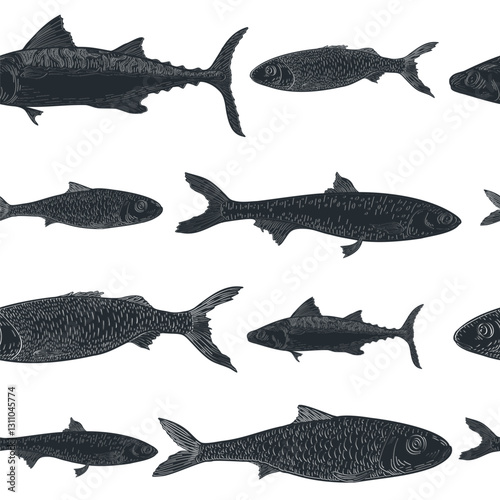 Sardine and anchovy fish vector seamless pattern. Black and white hand drawn engraving of small sea fish on repeating background. Design for packaging, textile prints, wrap, nautical themed designs.