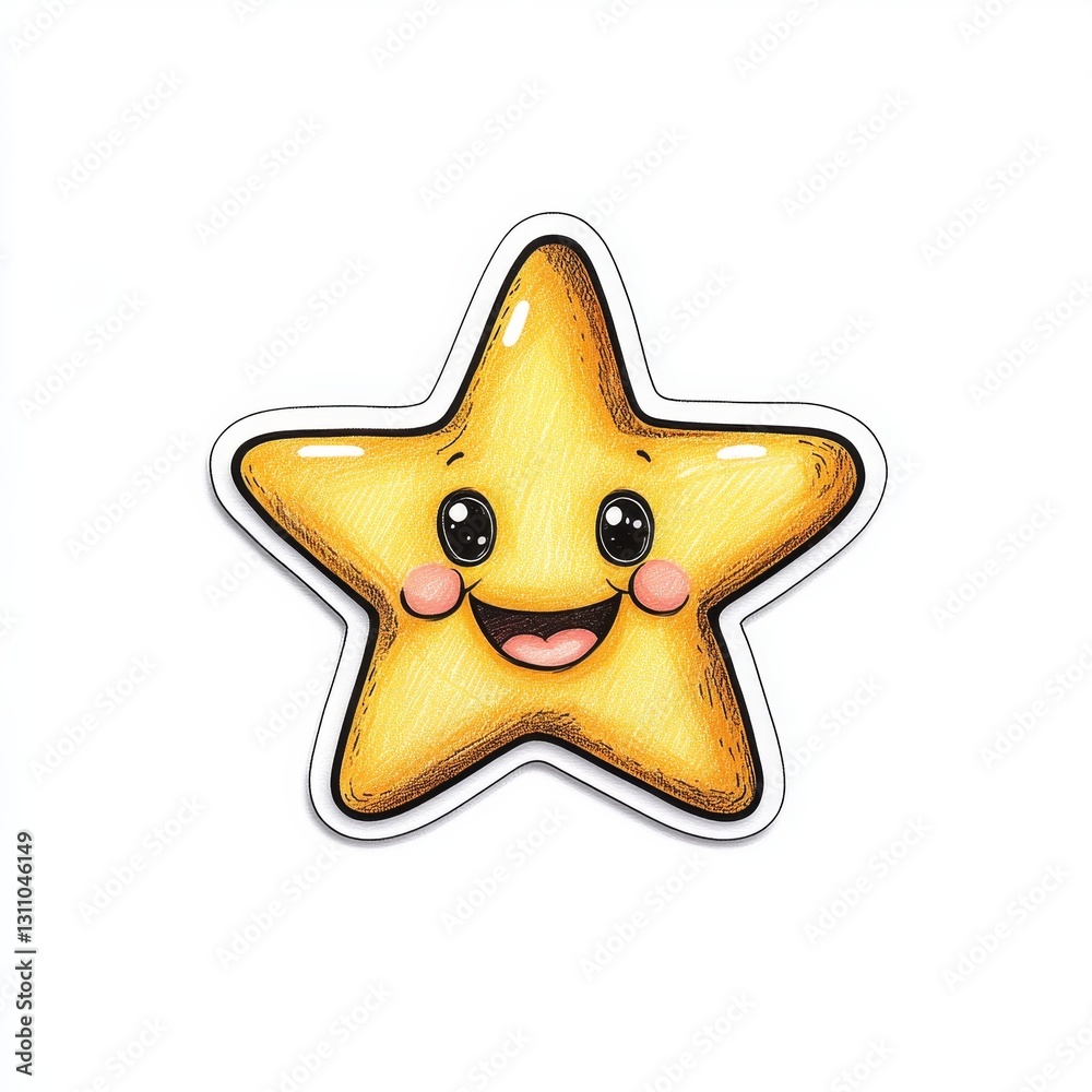 Playful Marker-drawn Smiling Star Sticker Doodle on White Background with Photorealistic Finish Playful Marker-drawn Smiling Star Sticker Doodle on White Background with Photorealistic Finish