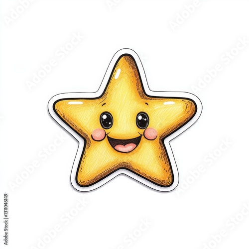Playful Marker-drawn Smiling Star Sticker Doodle on White Background with Photorealistic Finish
