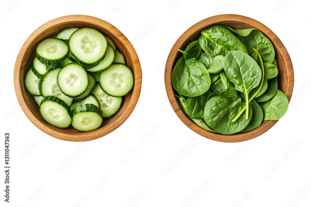 Cucumber and spinach in wooden bowls, isolated on Transparent PNG format Background. Cucumber and spinach in wooden bowls, isolated on Transparent PNG format Background.