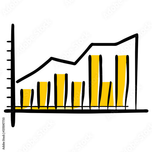 Hand-drawn style bar chart with growth trend in yellow color for business analysis and data visualization