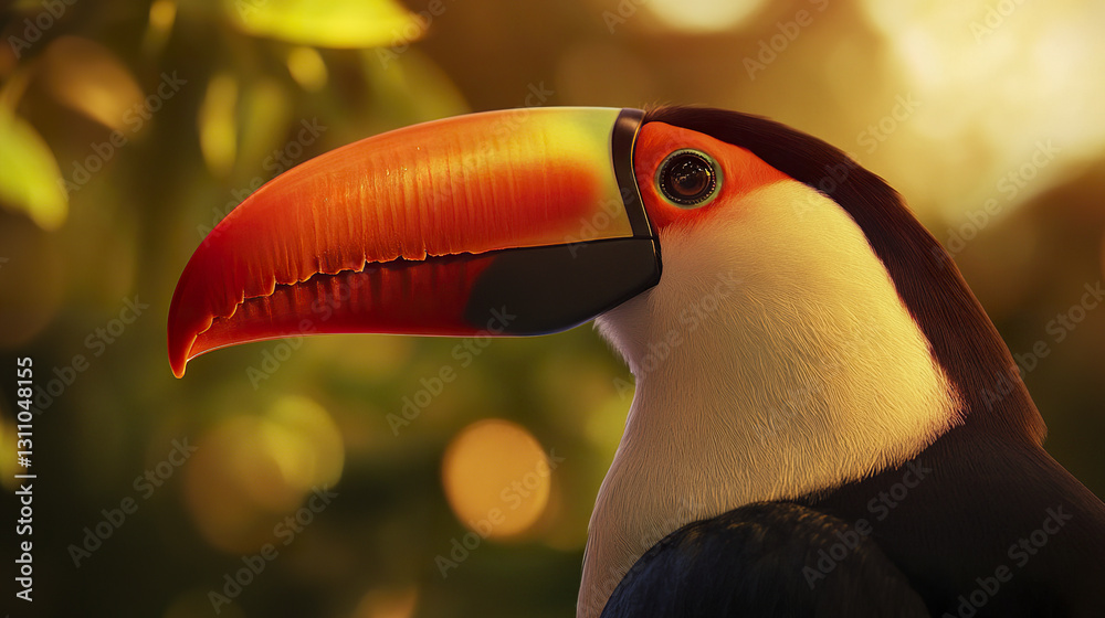 Fototapeta premium Close up of regal toucan face with striking beak in sunlight