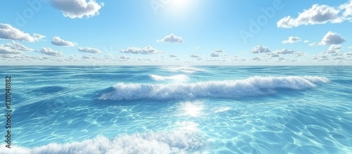 Tranquil blue ocean waves shimmer under sunlight with white foam atop, surrounded by fluffy clouds in a serene tropical paradise setting