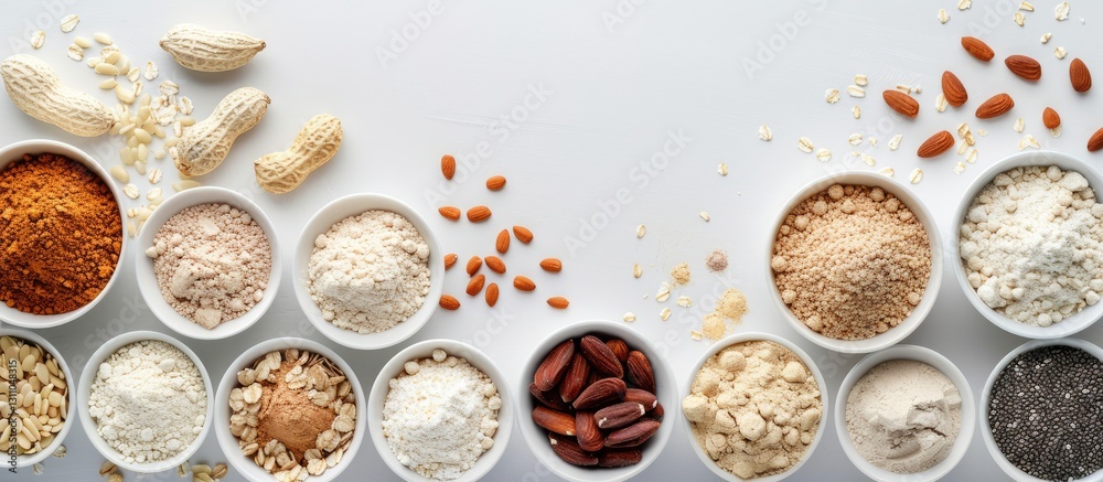 Variety of protein powders in white bowls arranged in a row with nuts and seeds on a white background creating a clean minimalist layout Variety of protein powders in white bowls arranged in a row with nuts and seeds on a white background creating a clean minimalist layout