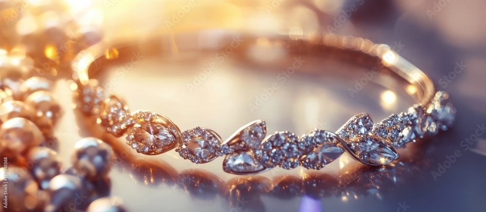 Elegant gold ring adorned with sparkling diamonds set on a reflective surface, illuminated by warm sunlight in the background. Elegant gold ring adorned with sparkling diamonds set on a reflective surface, illuminated by warm sunlight in the background.