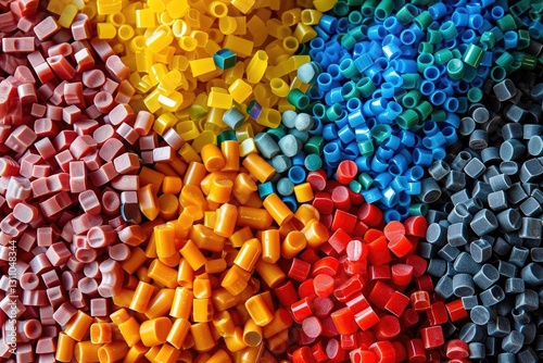 Multicolored polymer shredded granules made from recycled plastic.