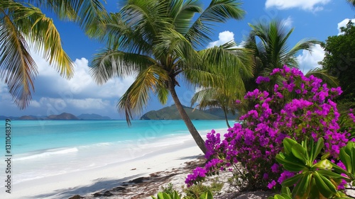 Fototapeta Naklejka Na Ścianę i Meble -  beach with lush green palm trees and stunning purple flowers