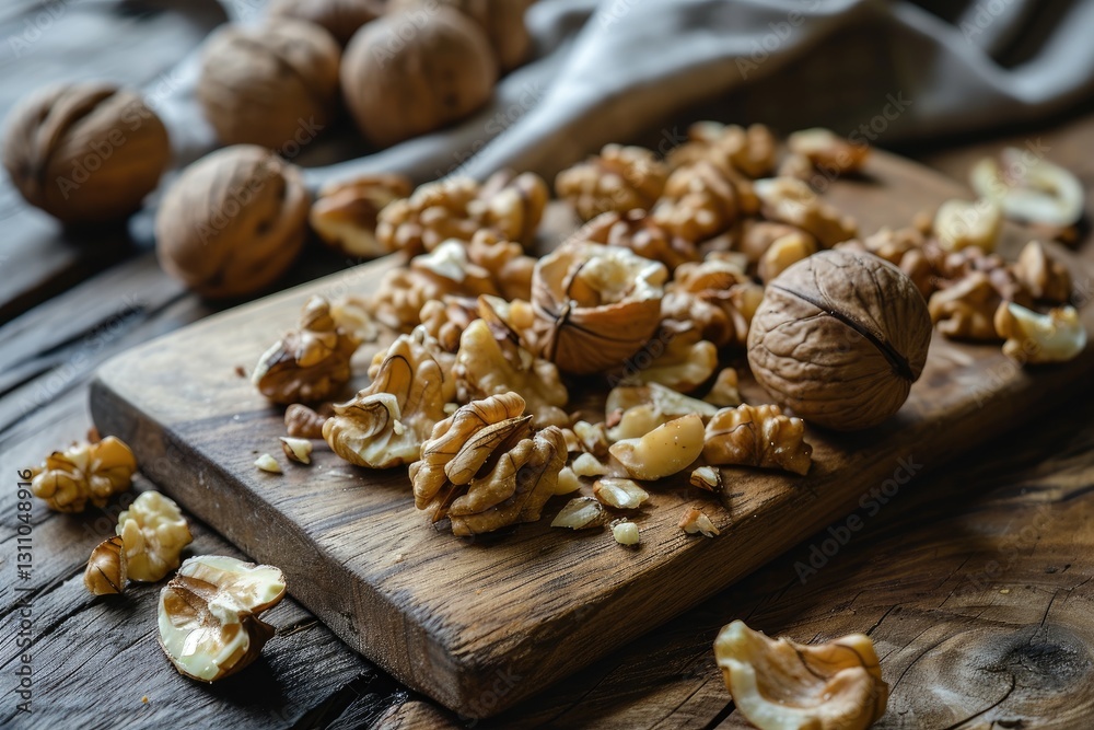 Fototapeta premium Walnuts whole unpeeled and cracked peeled on a wooden board on a rustic table.