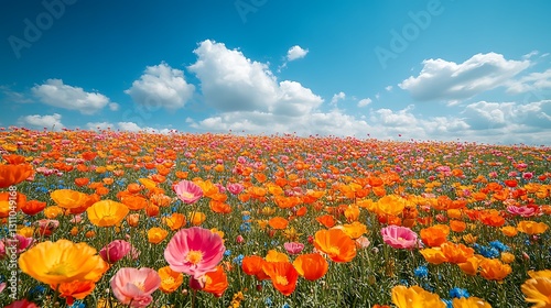 Wildflowers with fine petal textures sway gently in the wind under a cloudless sky displaying vibrant colors