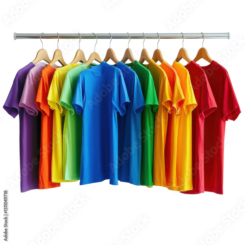 Colorful T Shirt Display on Rack on transparent background. photo