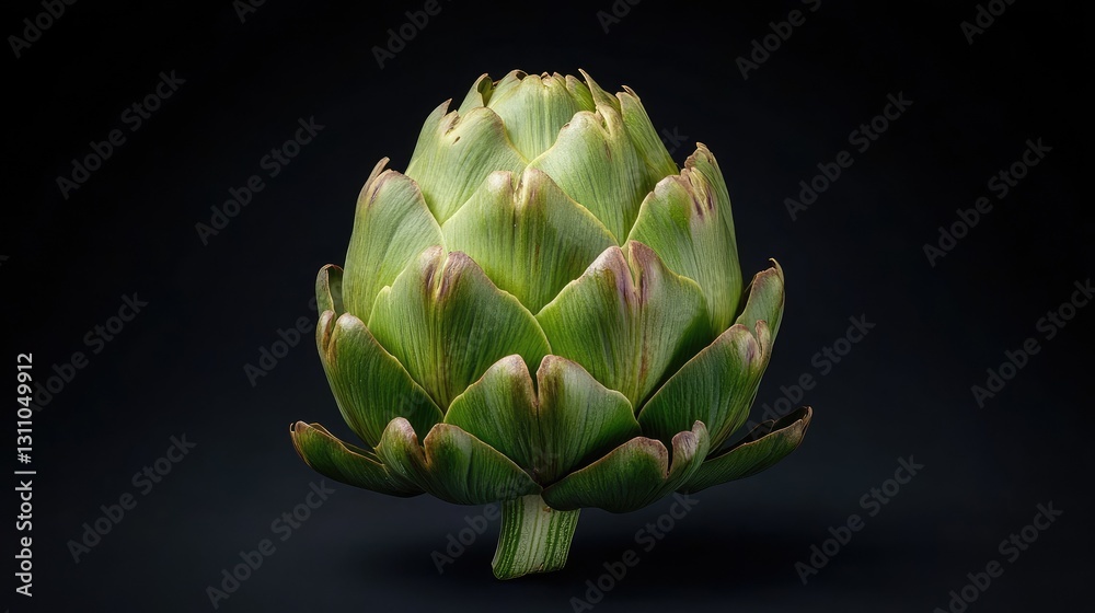 Fototapeta premium A whole artichoke with two halves placed side by side, emphasizing its natural form.