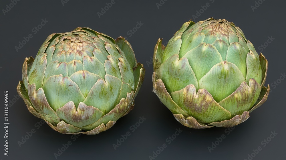 Obraz premium A whole artichoke with two halves placed side by side, emphasizing its natural form.