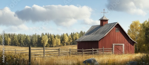 Idyllic Finnish countryside with a red wooden barn, roundpole fence, and weather vane; lush green trees and soft clouds in the background.