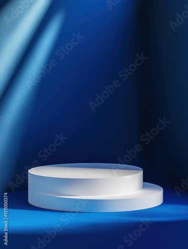 Minimalist white podium against a blue textured backdrop.
