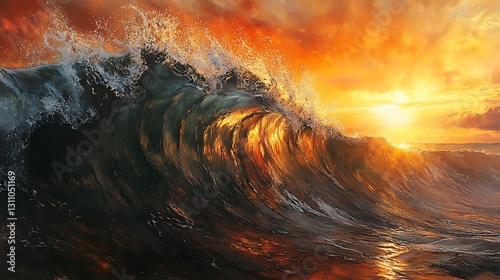 Dramatic Ocean Wave at Sunset, A dramatic ocean wave illuminated by a vibrant sunset