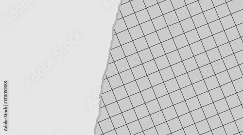 Torn paper effect with a grey grid background, creating a layered and textured design