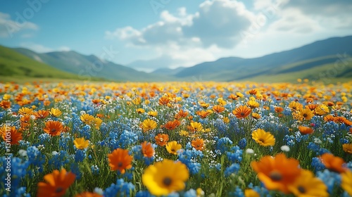 A serene meadow of wildflowers moves gently in the wind revealing intricate details of petals beneath a cloudless sky