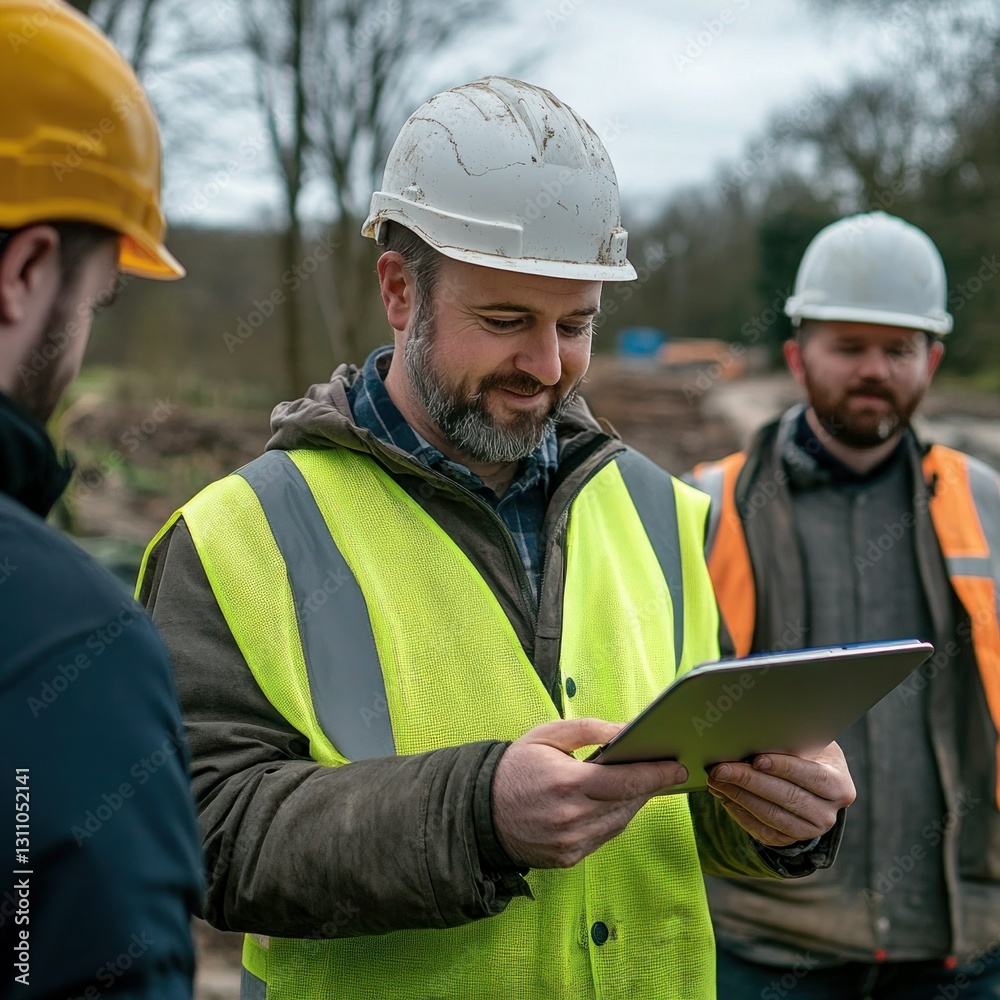 A civil engineer explaining plans to a team using a tablet on-site A civil engineer explaining plans to a team using a tablet on-site