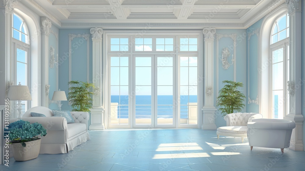 Fototapeta premium cozy coastal living room with large windows and sofas 