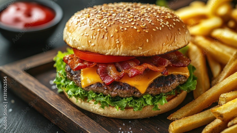 Bacon cheeseburger with fries on wooden tray Bacon cheeseburger with fries on wooden tray