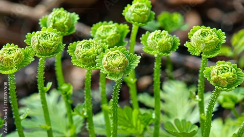 Fresh green ferns showcasing tightly coiled fronds and spiral shaped leaves symbolize natures growth and vibrant foliage spring.