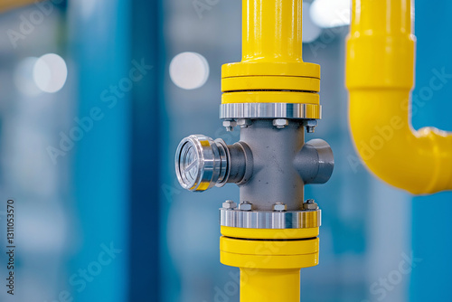 Close-up of an industrial pipe with yellow and silver elements, representing the energy industry. The focus is on one corner where there's metalwork around the brass pump drain nec