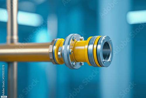 Close-up of an industrial pipe with yellow and silver elements, representing the energy industry. The focus is on one corner where there's metalwork around the brass pump drain nec