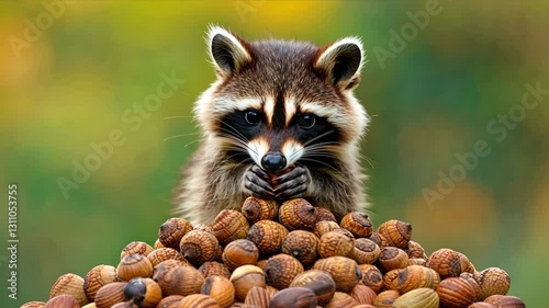 Cute raccoon holding nuts in vibrant forest, showcasing its playful nature and curiosity among wildlife.