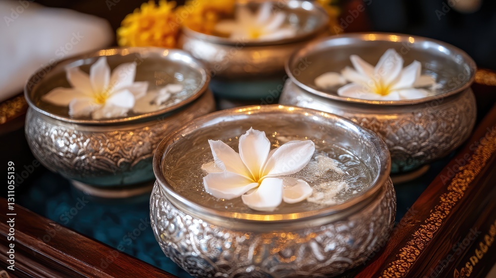 Obraz premium Traditional silver bowls filled with fragrant water and floating jasmine flowers for Songkran celebrations.